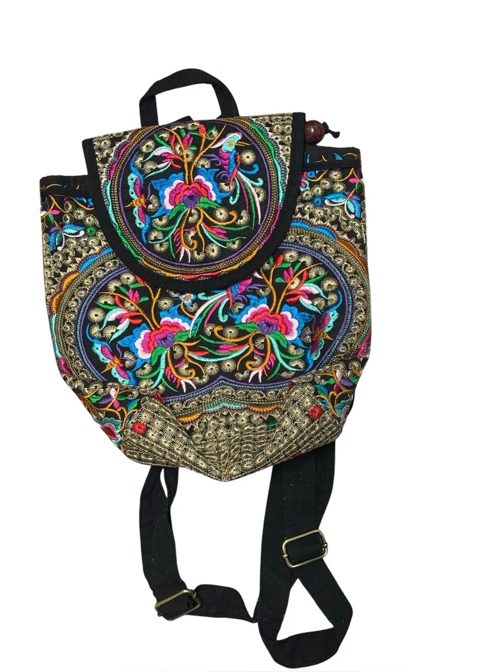 Indian Boho Gypsy Western Embroidered Canvas Mini Backpack Adjustable Straps Flo